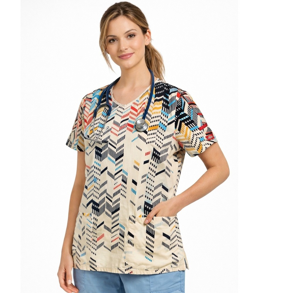 Dickies Scrub Top Women L Cream Multicolor‎ Geometric Chevron V-Neck Pockets